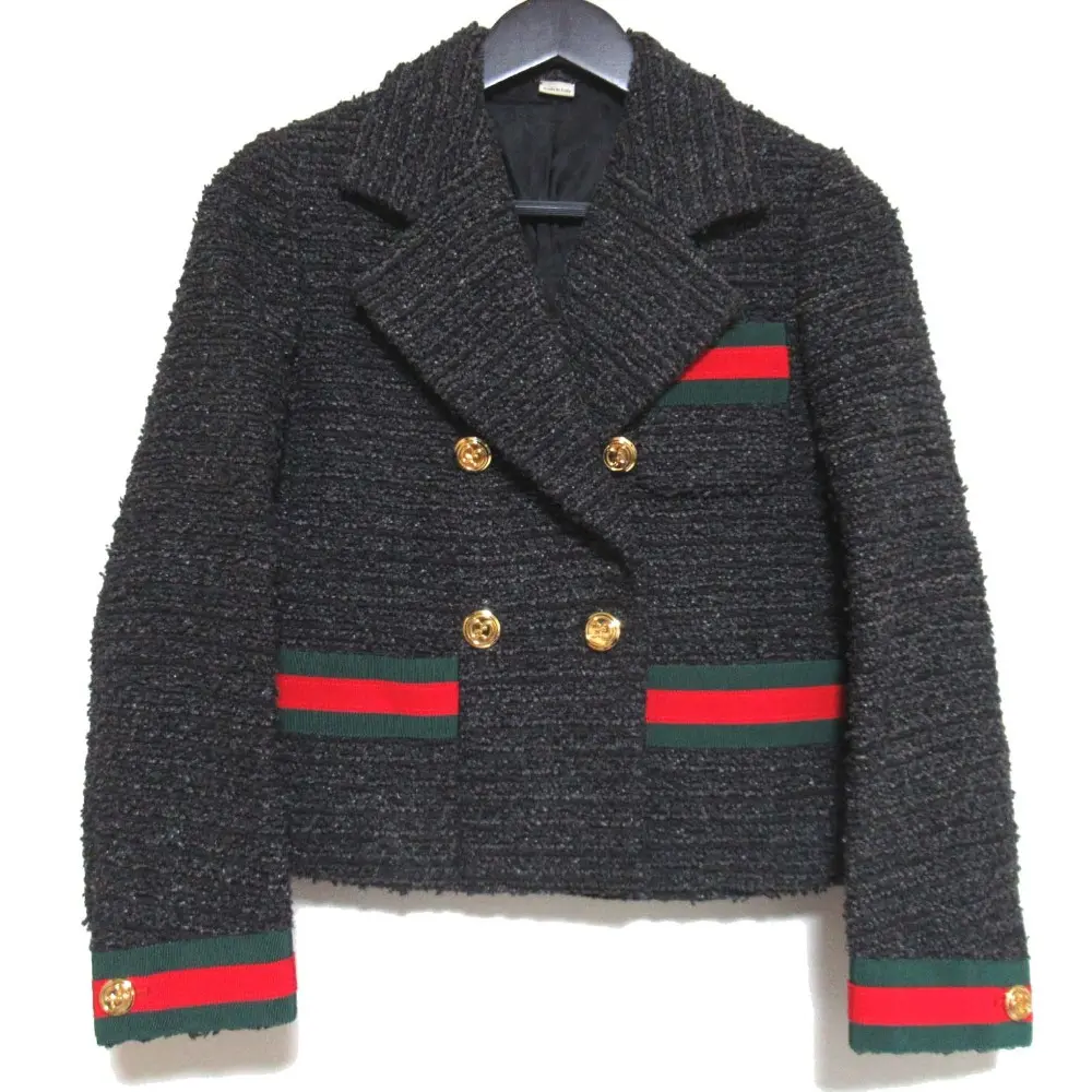 GUCCI グッチ シェリーライン GG金ボタン ダブルブレスト ツイード テーラードジャケット 674335 ZAHVT 36 チャコールグレー系