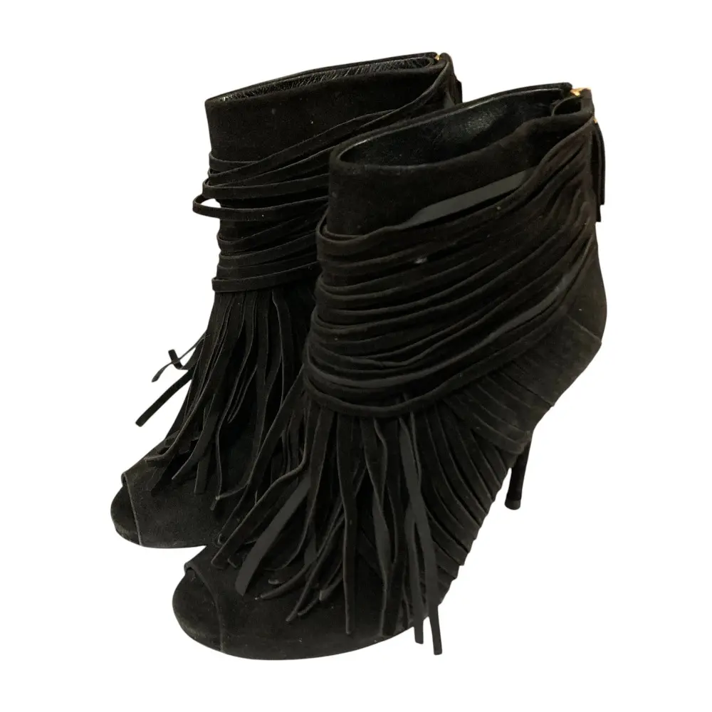 GUCCI グッチ スエードレザー フリンジ バックジップ ショートブーツ 24cm相当 ブラック