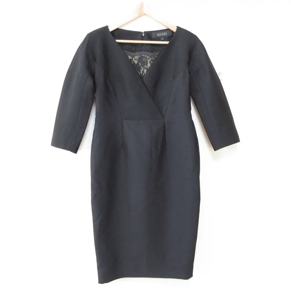 GUCCI グッチ レースドッキング 七分袖 ひざ丈 コクーンワンピース フォーマル ドレス 40 ブラック