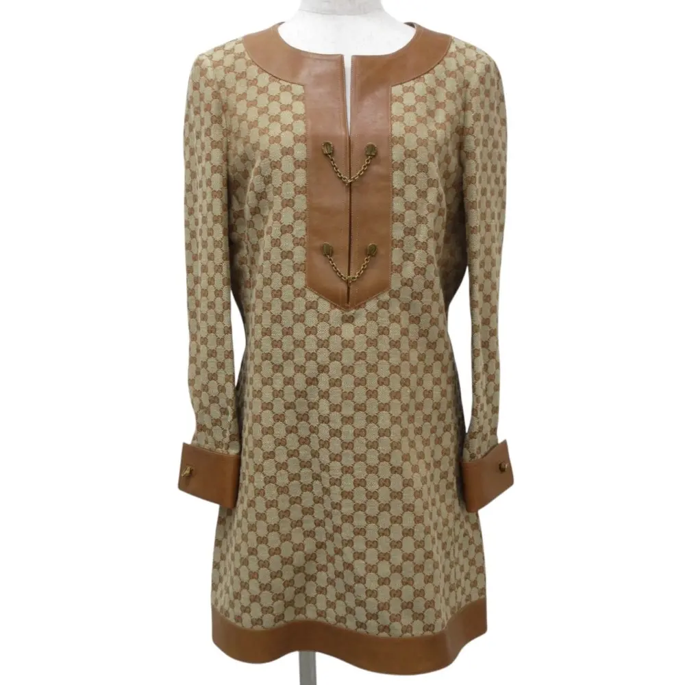 21AW GUCCI グッチ 60’S～70’S復刻 GGキャンバス リネン レザー ミニワンピース ドレス 655427 36 キャメル