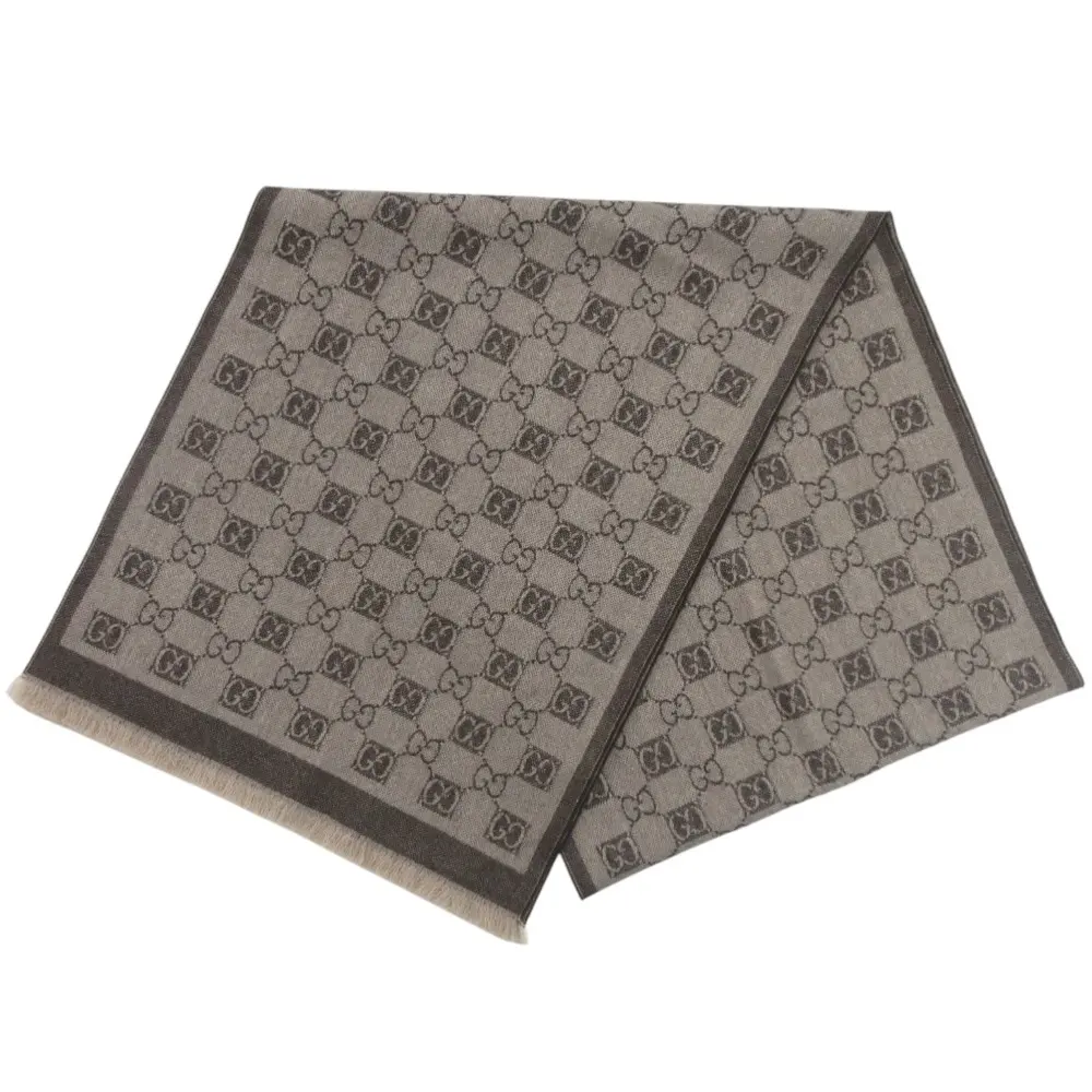 GUCCI グッチ GG柄 ジャガード ウール フリンジ マフラー ストール ブラウン