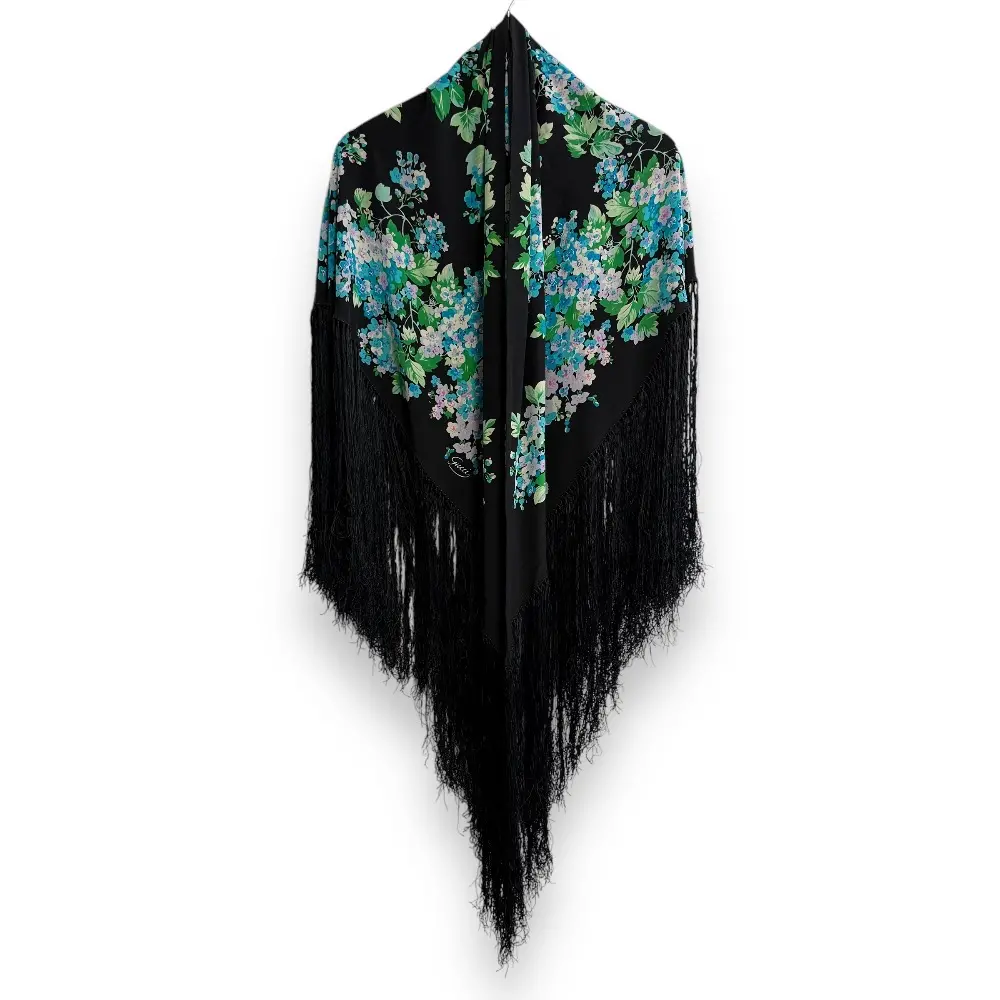 GUCCI グッチ フローラ柄 花柄 大判 フリンジ 三角スカーフ ストール ショール ブラック×グリーン