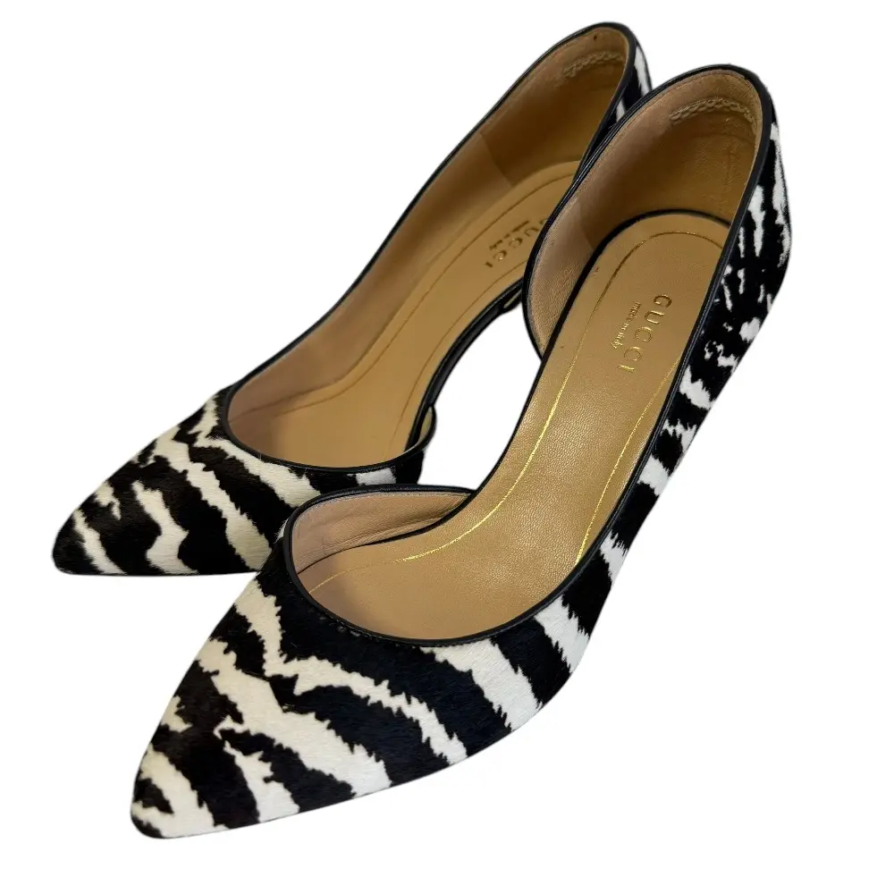 GUCCI グッチ アニマル柄 ハラコ ポインテッドトゥ パンプス 36 23cm相当 ブラック×ホワイト
