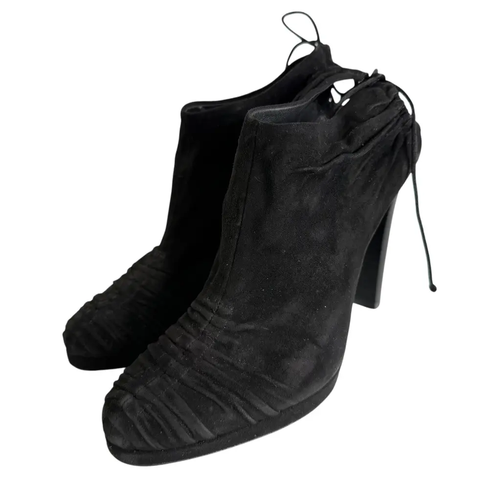 GUCCI グッチ スエード バックリボン ギャザー ハイヒール パンプス ブーティ 37.5 24.5cm相当 ブラック