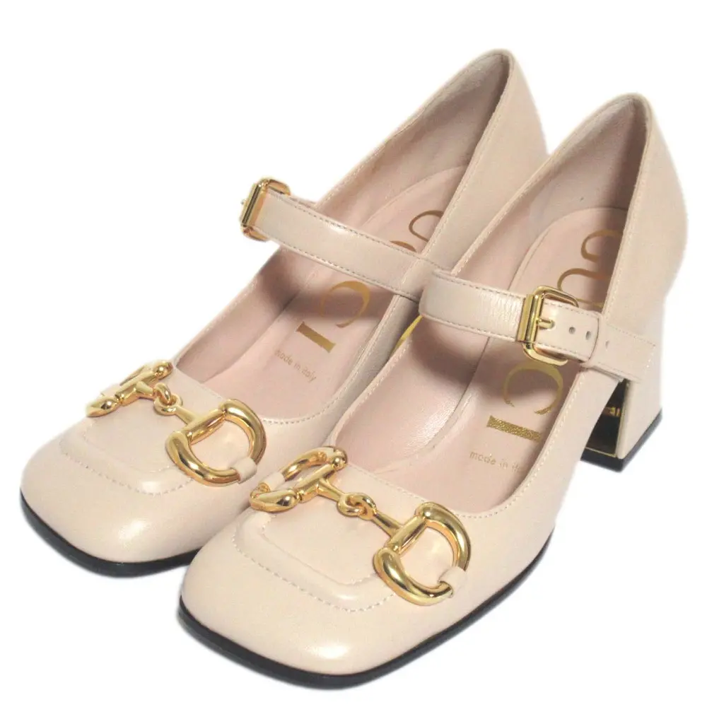 GUCCI グッチ レザー ホースビット チャンキーヒール パンプス 694855 35.5サイズ 約22.5cm ベージュ×ゴールド金具