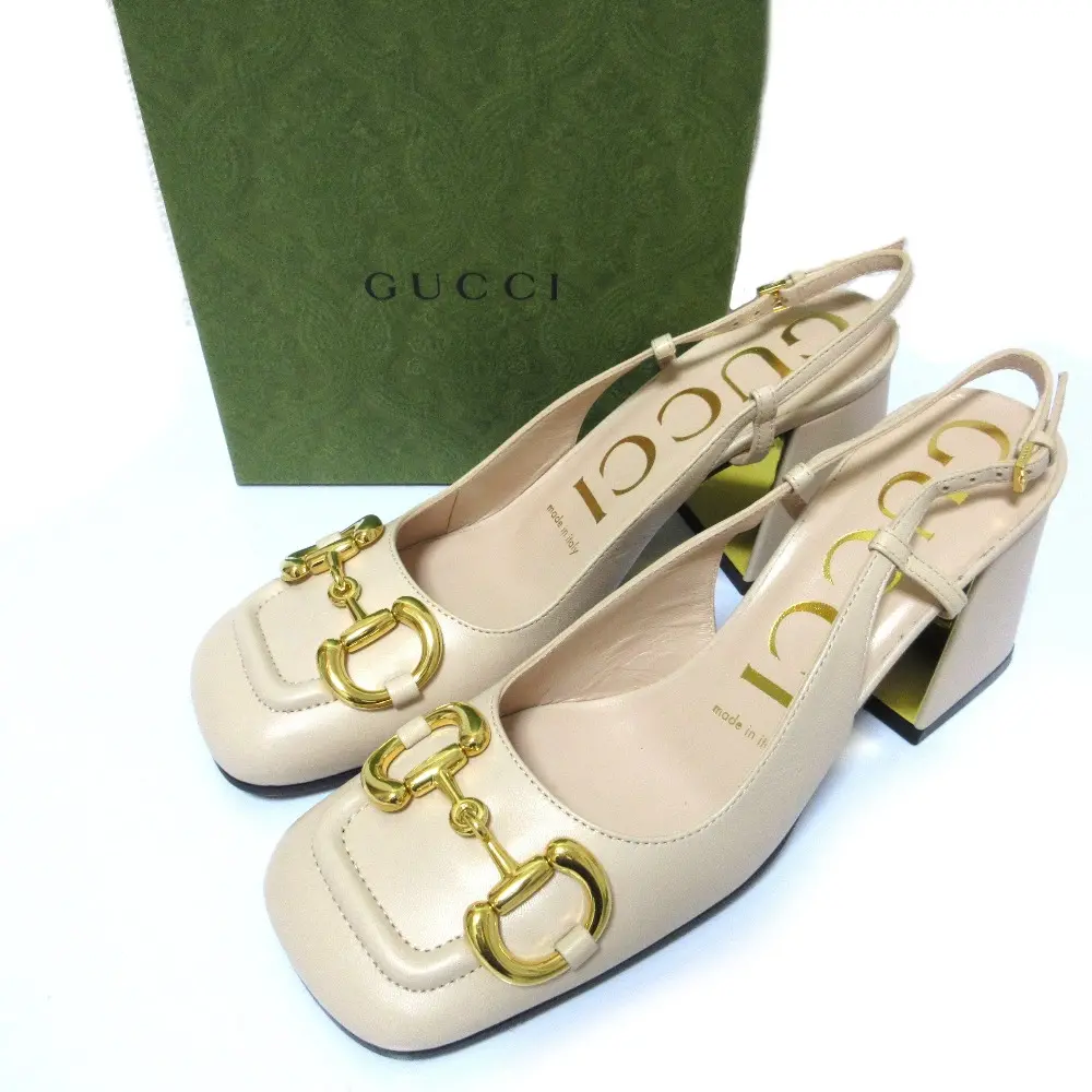 GUCCI グッチ ホースビット バックストラップ スクエアトゥ チャンキーヒール パンプス 36 23cm相当 ベージュ×ゴールド金具