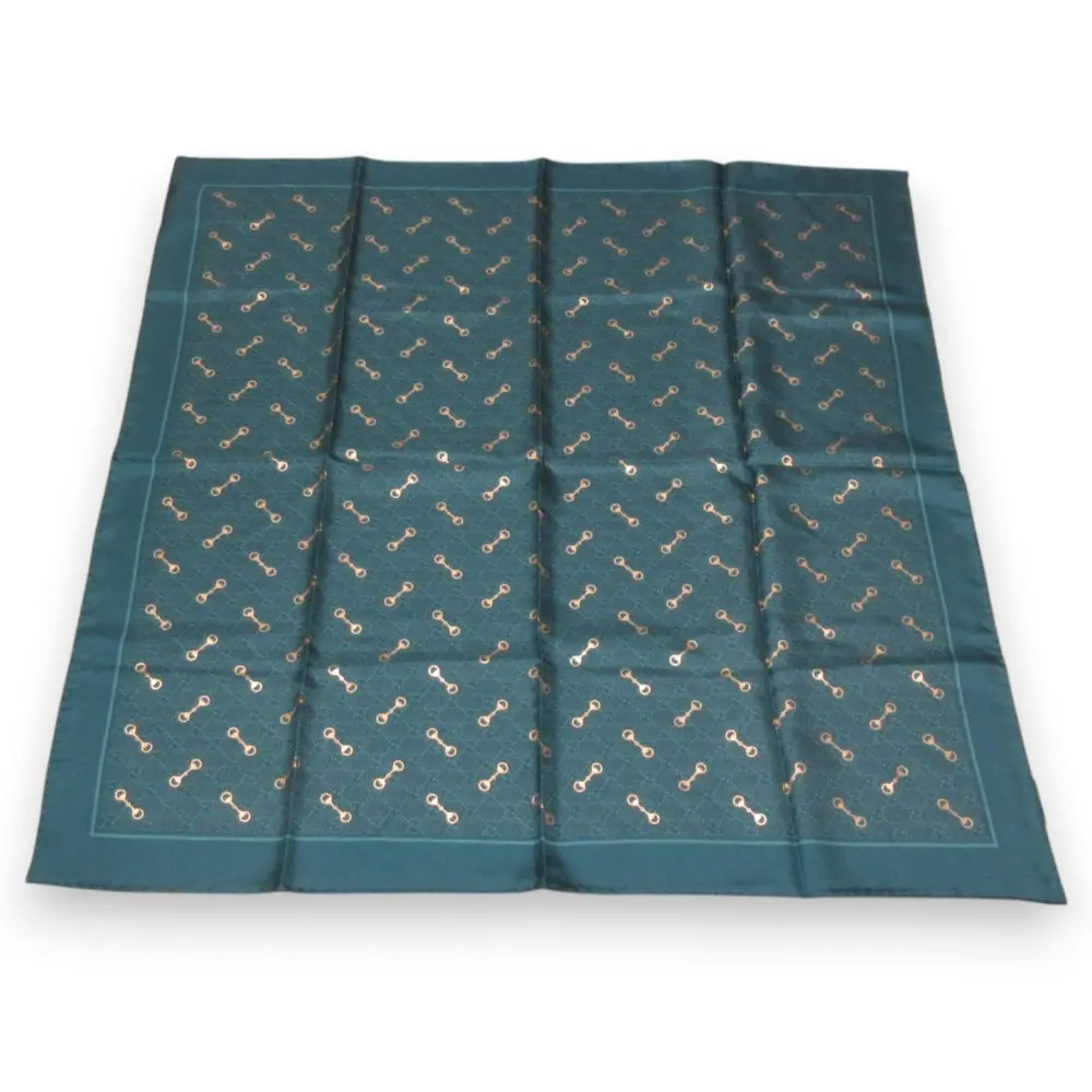 GUCCI グッチ シルク100％ GG&ホースビット プリント 大判スカーフ 662576 グリーン×ゴールド