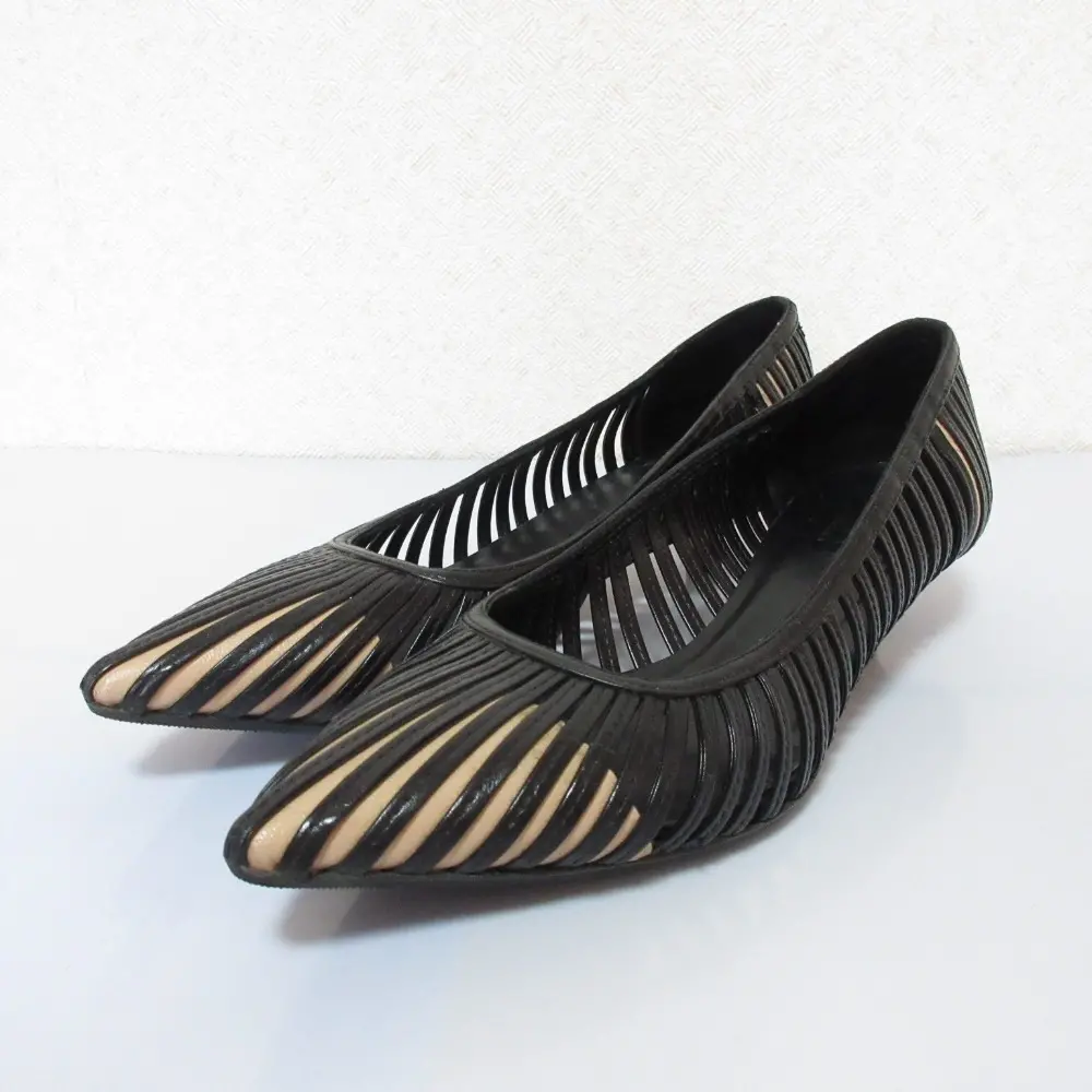 GUCCI グッチ レザー ローヒール ポインテッドトゥ パンプス 35 1/2 22.5cm相当 ブラック×ベージュ