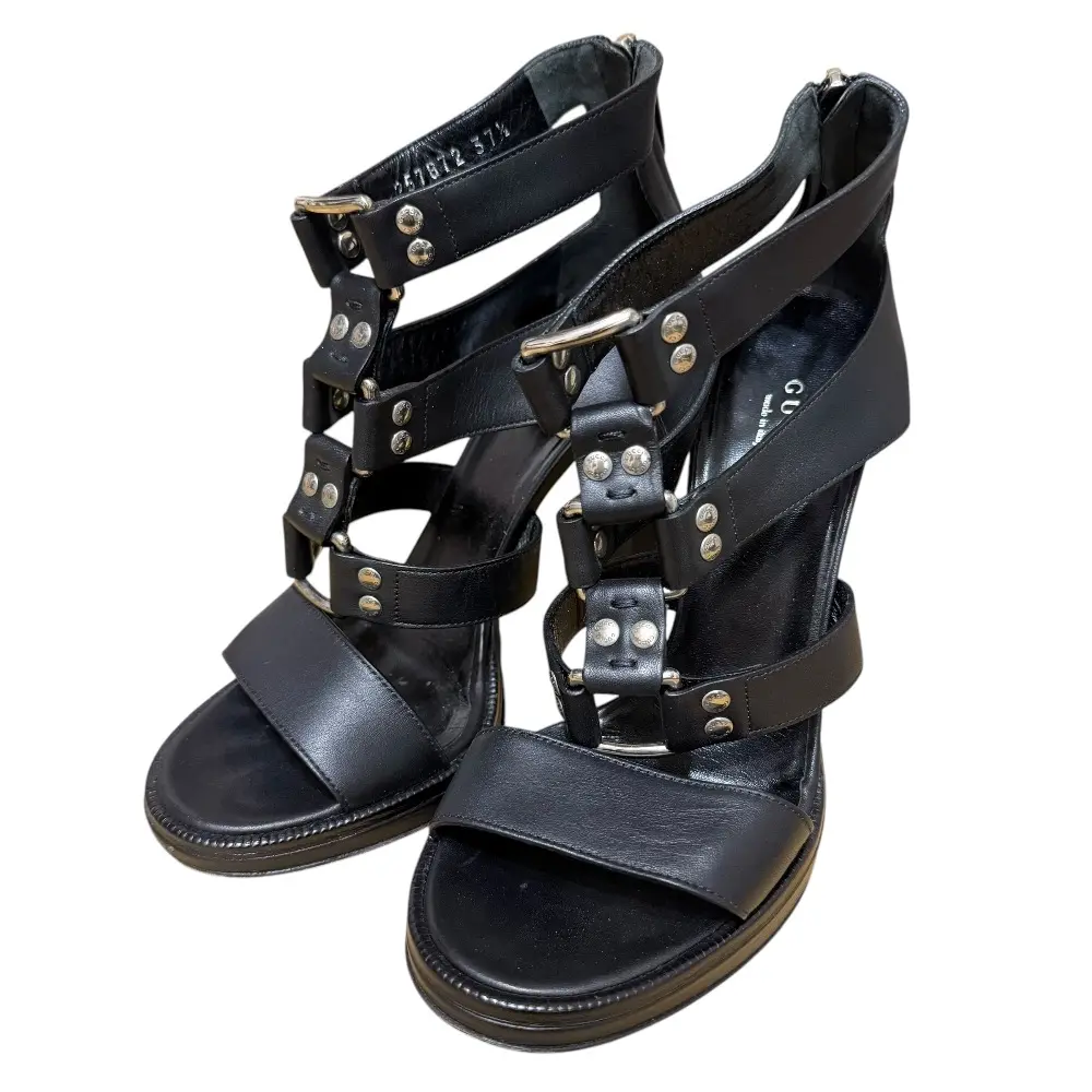 GUCCI グッチ レザー オープントゥ ハイヒール サンダル 37 1/2 24.5cm相当 ブラック