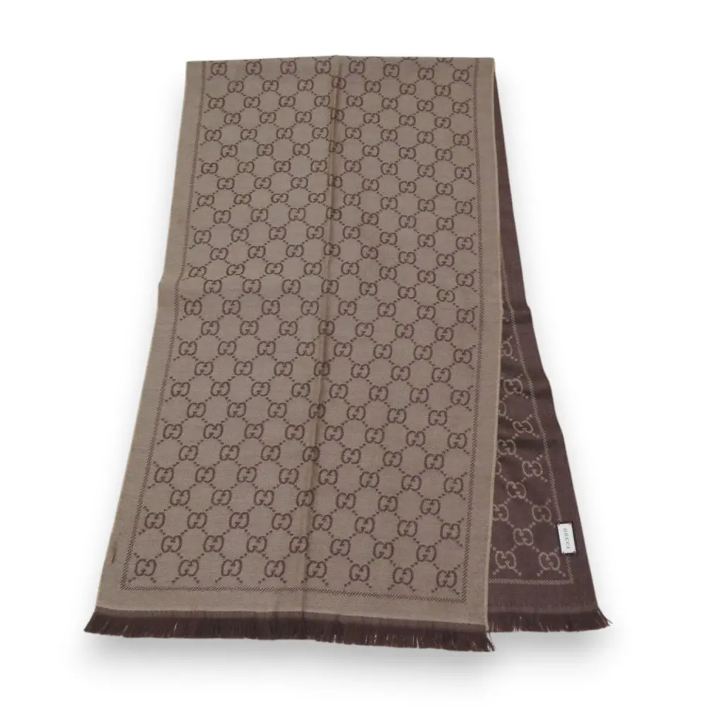 GUCCI グッチ ウール100％ GGジャガード ニット マフラー ストール 48×180cm ブラウン系