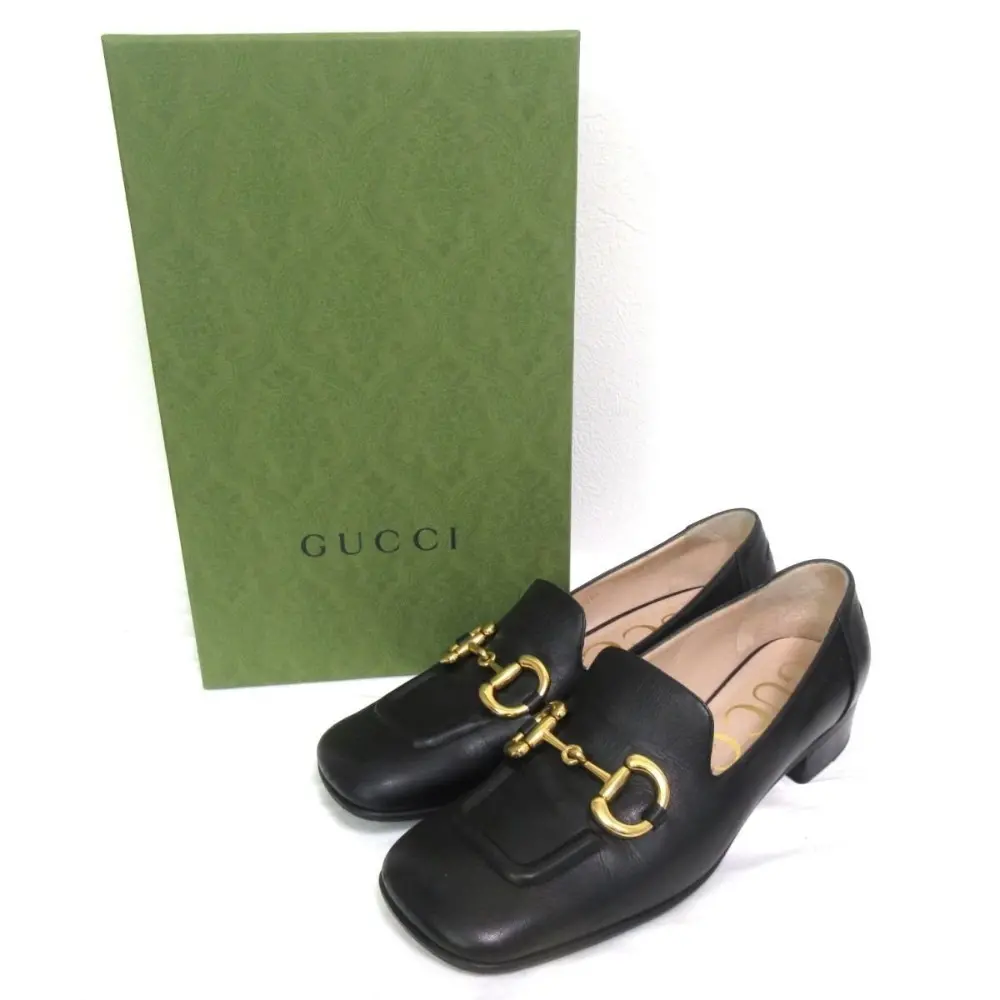 GUCCI グッチ ホースビット スクエアトゥ モカシン ヒールローファー シューズ 700064 37.5 約24.5cm ブラック×ゴールド金具