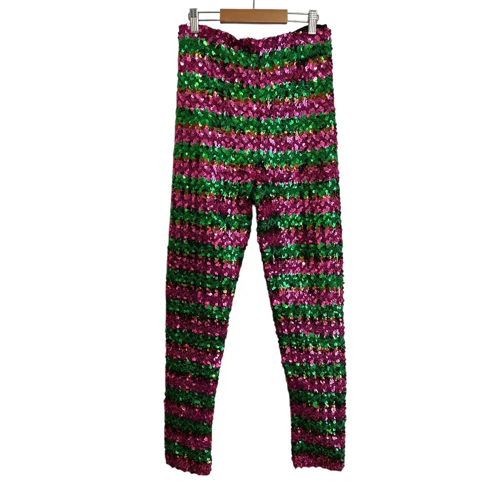 GUCCI グッチ ボーダー スパンコール スキニーパンツ S ピンク×グリーン