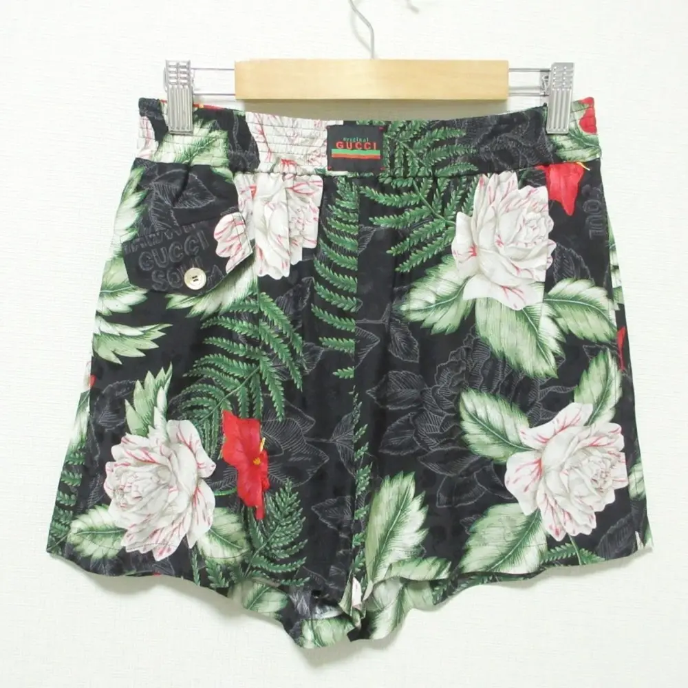 21SS GUCCI グッチ HAWAIIAN-PRINT SILK SHORTS ボタニカル柄 ハワイアンプリント シルクショーツ ショートパンツ 38 ブラック