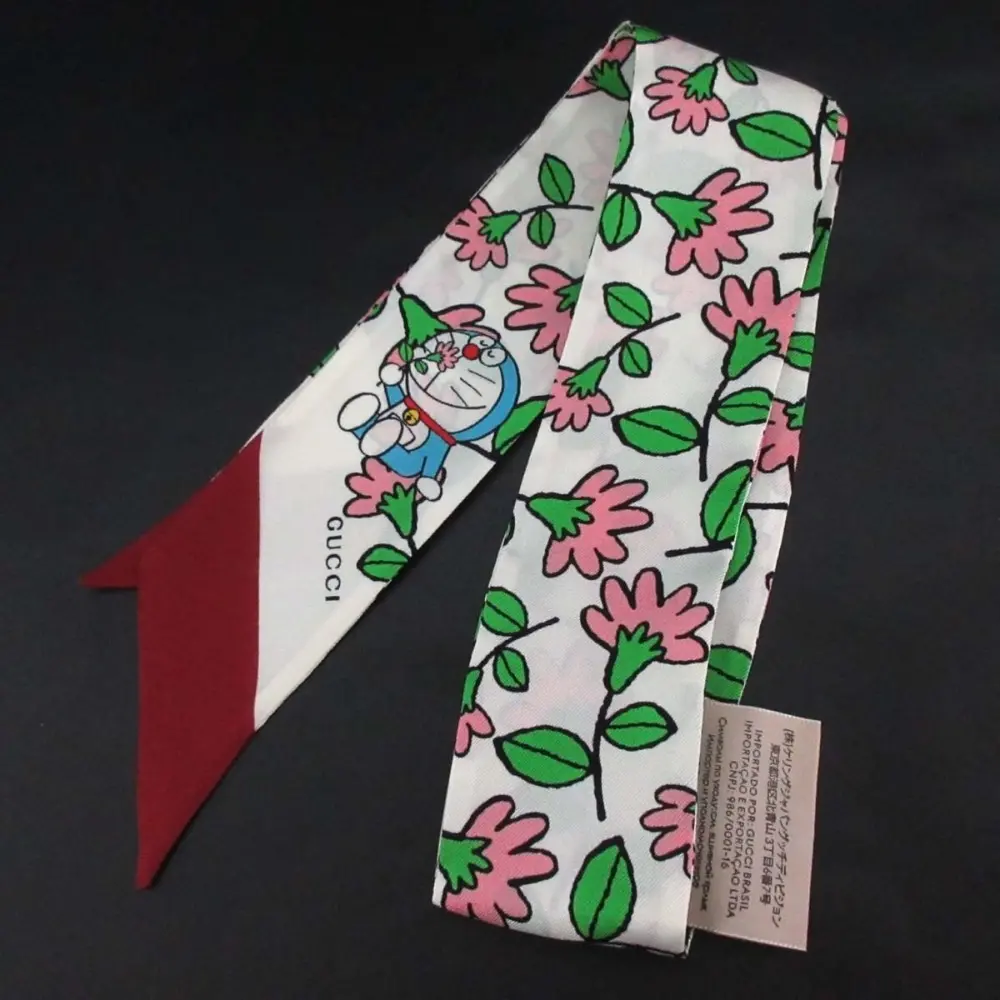 21SS GUCCI×DORAEMON グッチ×ドラえもん シルク100% フラワープリント ネックボウ スカーフ 656611 3G001 ホワイト