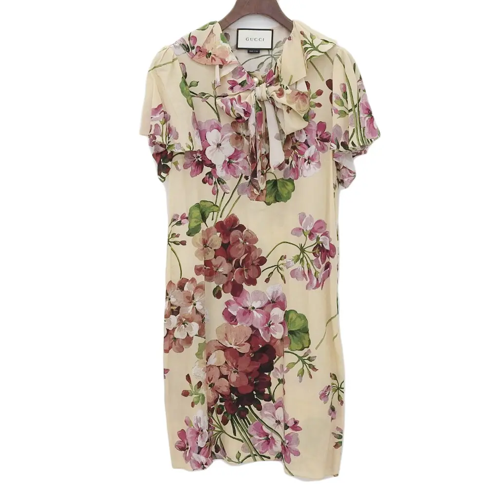 GUCCI グッチ GGパールボタン フローラ柄 ボタニカル柄 シルク ワンピース ドレス 36 ベージュ レッド系