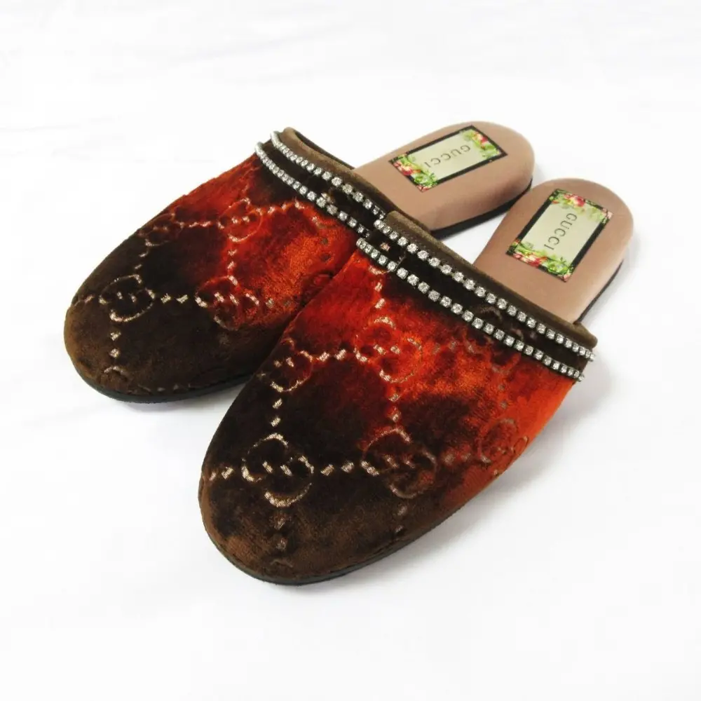 GUCCI グッチ GG柄 ライトストーン ベロア フラットサンダル ミュール スリッパ 24.5cm相当 ブラウン×オレンジ グラデーション