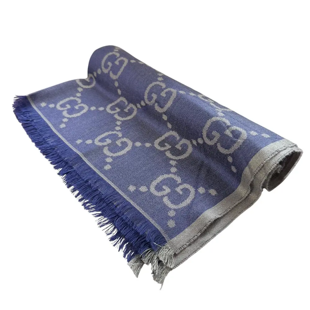 GUCCI グッチ GG柄 ジャガード フリンジ ロングストール マフラー ブルー