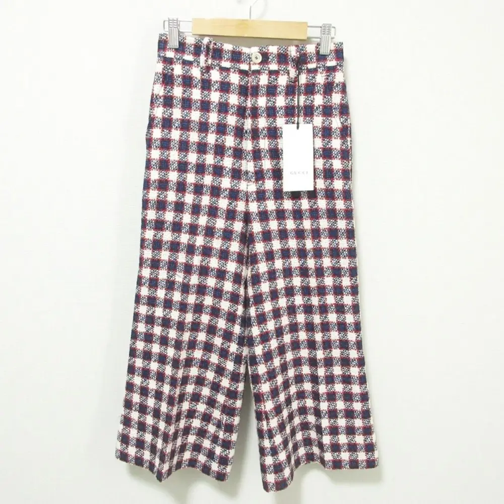 19AW GUCCI グッチ チェック柄 ツイード ガウチョパンツ 36 ホワイト×ネイビー×レッド