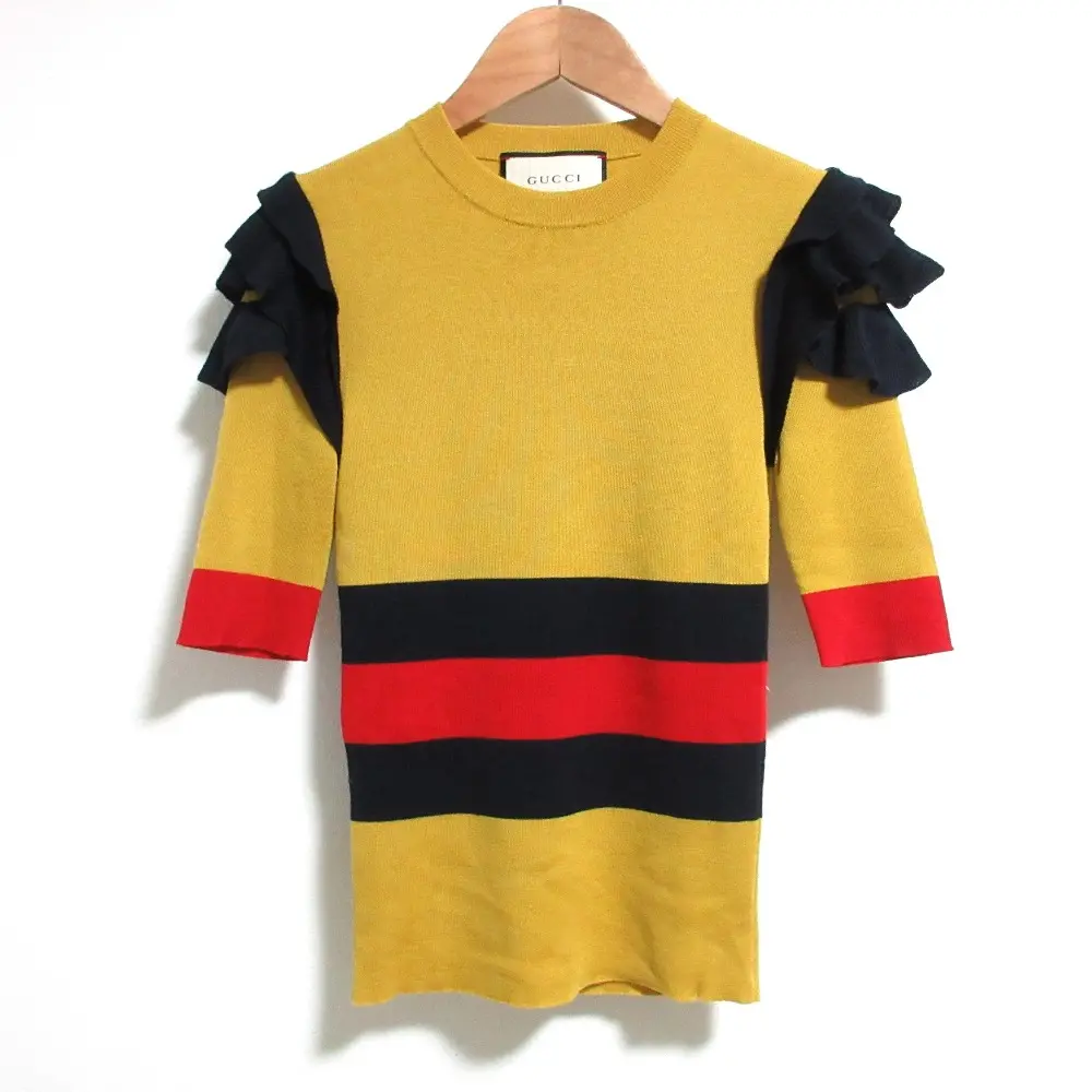 GUCCI グッチ ウール100％ フリルハーフスリーブ ウェブライン ニット カットソー 457490 S マスタード