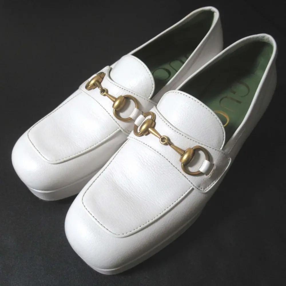 GUCCI グッチ レザー ホースビット プラットフォーム ローファー パンプス 565365 37.5サイズ ホワイト ゴールド金具