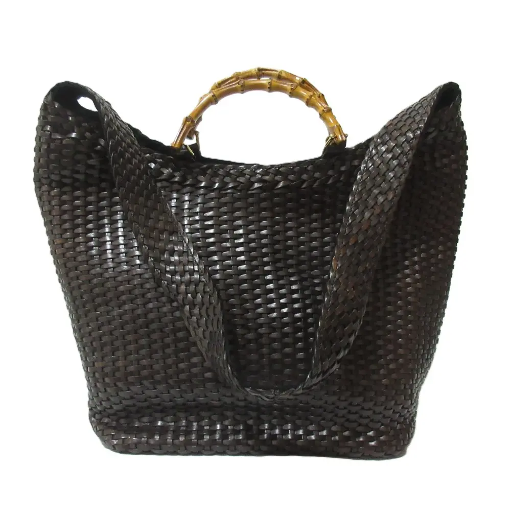 GUCCI グッチ バンブー レザー スエード 編み込み 2WAY メッシュショルダー トートバッグ ハンドバッグ 2122 1843 ブラウン