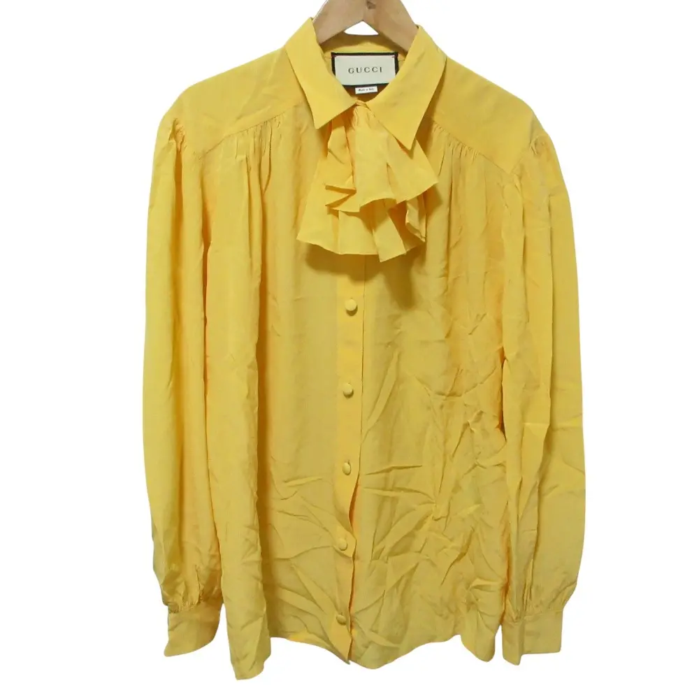 クリーニング済 GUCCI グッチ シルク フリルタイ 長袖 ブラウス シャツ 36 イエロー