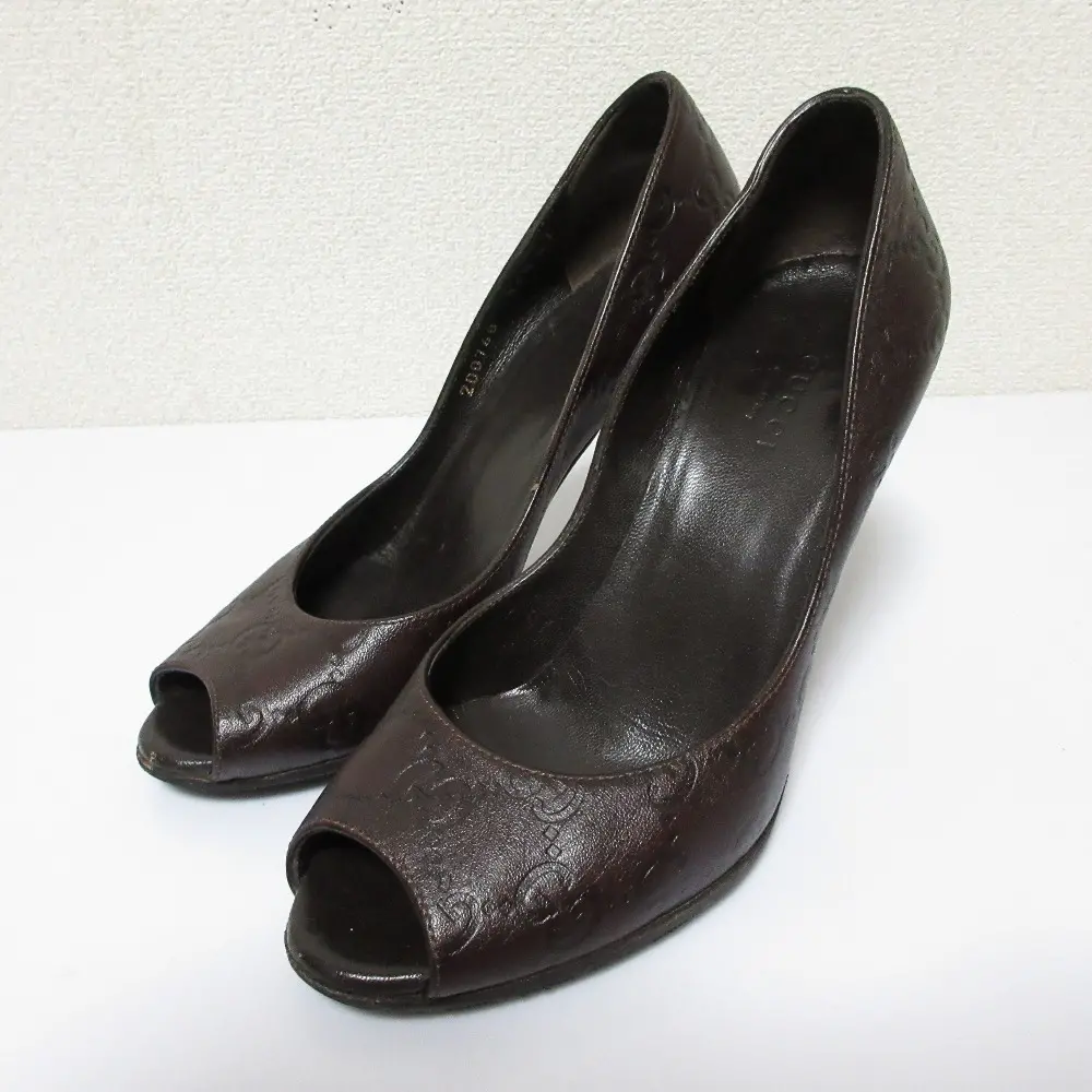GUCCI グッチ GGシマ レザー オープントゥ ピンヒール パンプス 小さいサイズ 34.5 21.5cm ブラウン