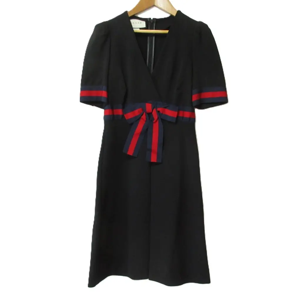 GUCCI グッチ シェリーライン ジャージーVネックドレス 半袖 ひざ丈 リボン ワンピース 501488 サイズXS ブラック系