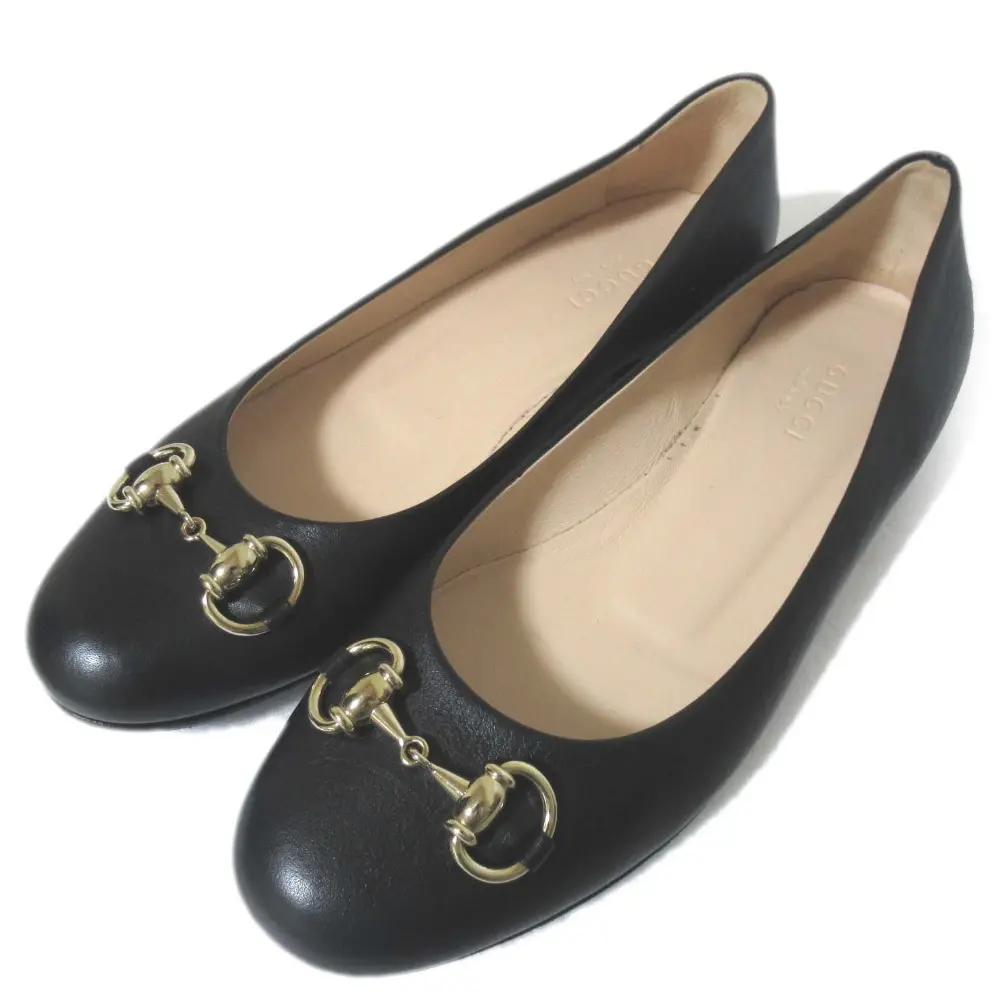 GUCCI グッチ ホースビット レザー フラットシューズ パンプス 35.5 約22.5cm ブラック×シルバー金具
