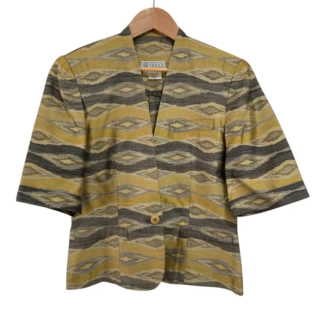 GUCCI グッチ ヴィンテージ シルク ジャガード ハーフスリーブ ノーカラージャケット サイズ40 イエロー グレー