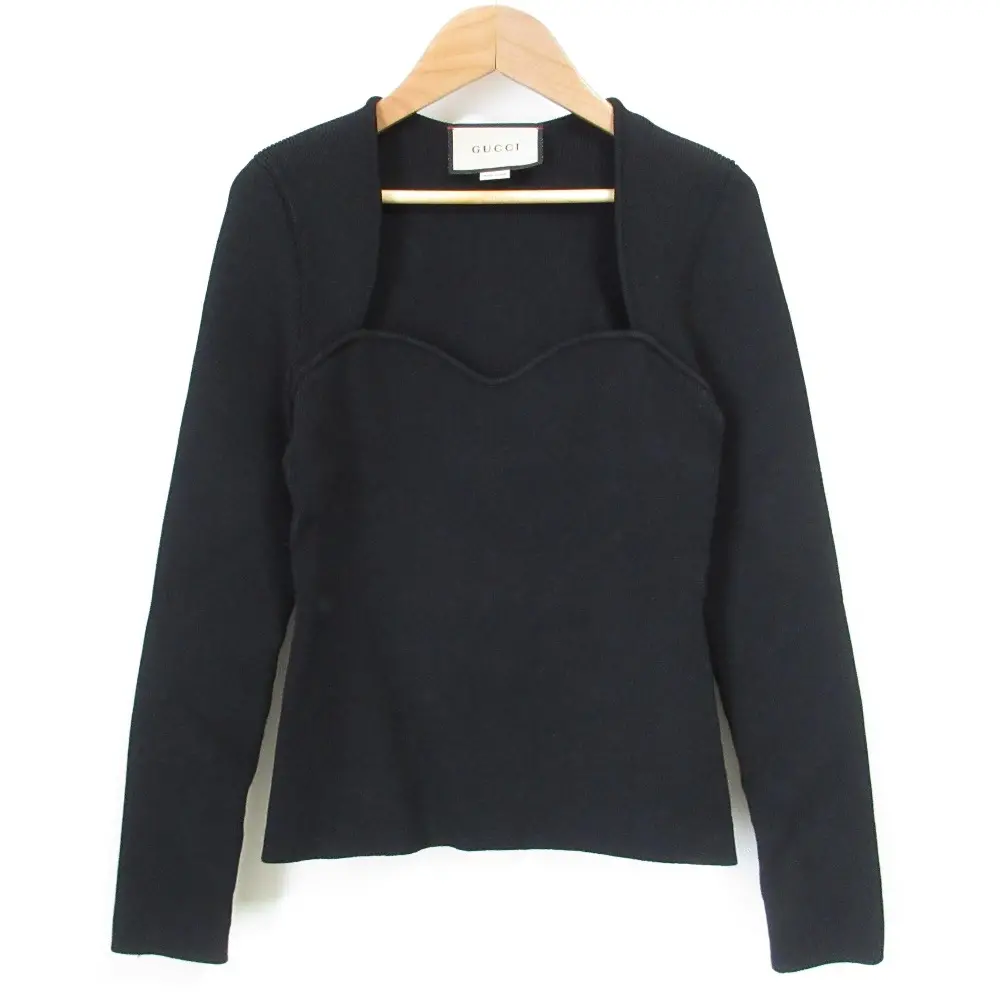 22SS GUCCI グッチ ロングスリーブ ハートネックリブニットトップス セーター 670629 S ブラック