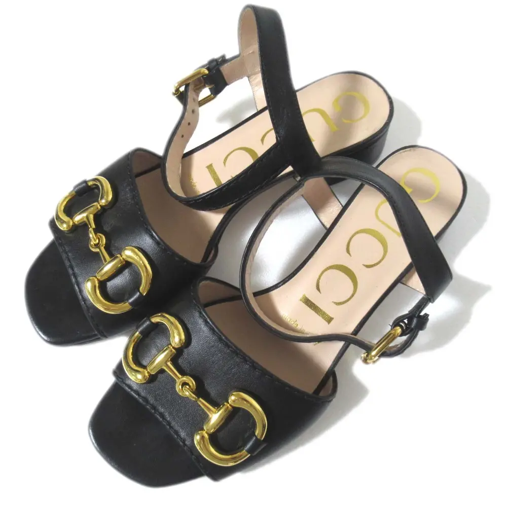 GUCCI グッチ レザー ホースビット アンクルストラップ サンダル 655413 サイズ35.5 約22.5cm ブラック×ゴールド金具