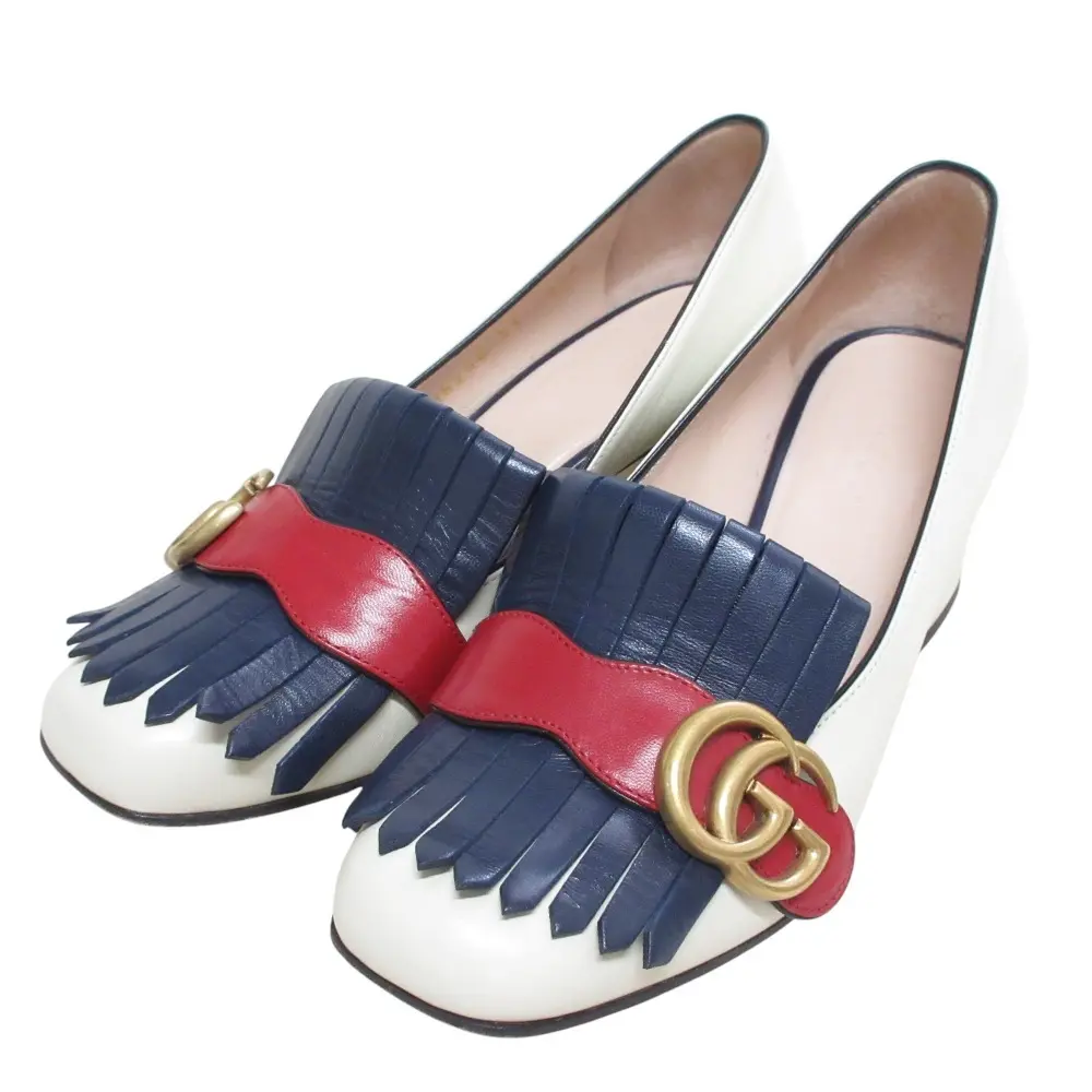 GUCCI グッチ GGマーモント  フリンジ レザー パンプス  35 22.0cm相当 オフホワイト ネイビー レッド