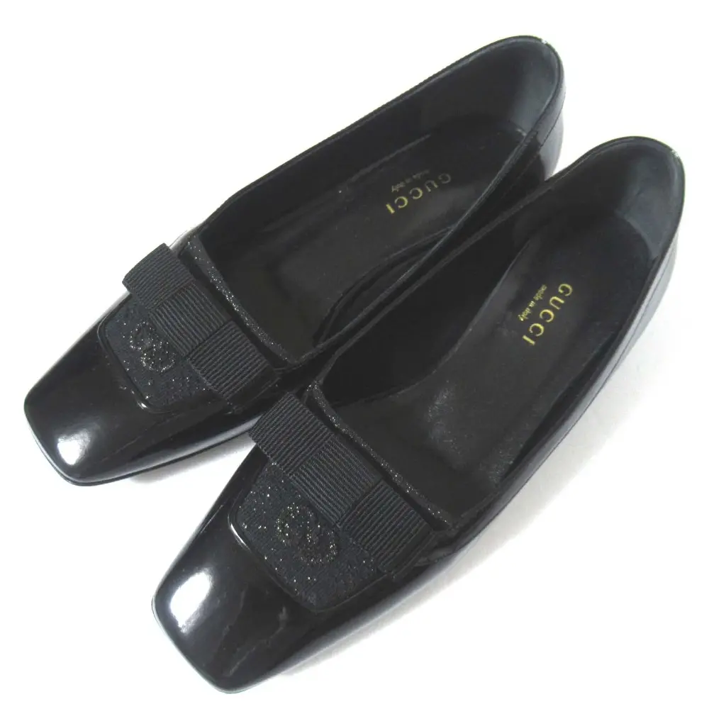 24SS GUCCI グッチ パテントレザー GG柄 スクエアトゥ リボン フラット パンプス 750541 サイズ35.5 約22.5cm ブラック