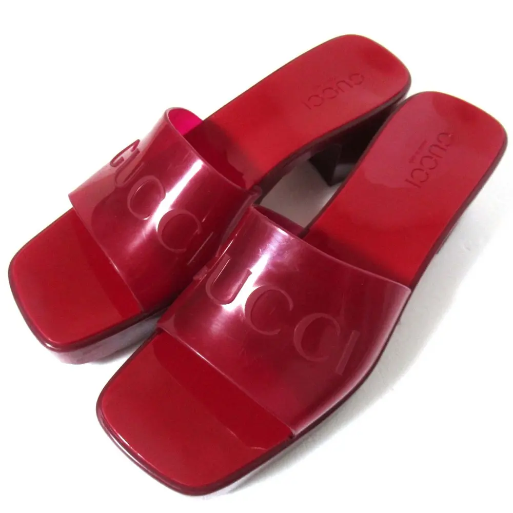 GUCCI グッチ ロゴ ラバー チャンキーヒール ミュール サンダル サイズ39 26cm レッド