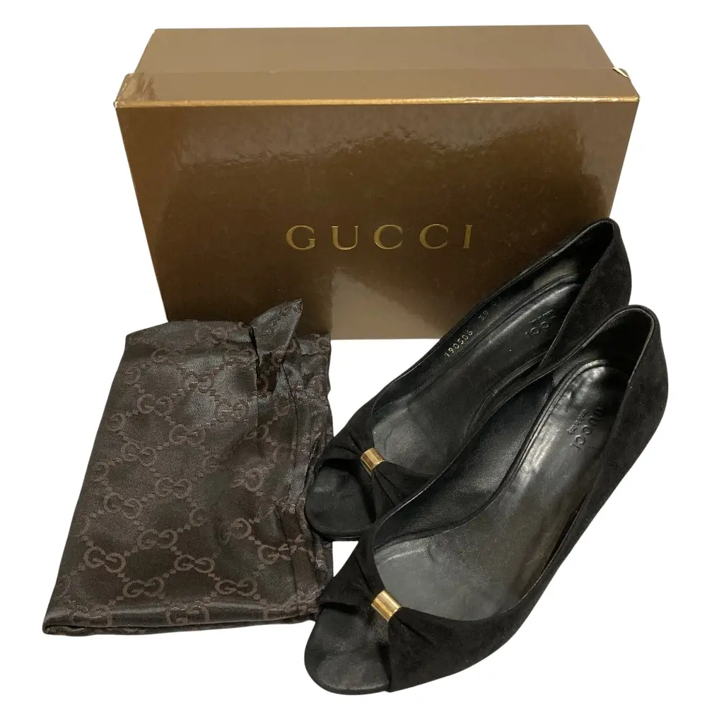 GUCCI グッチ スエード オープントゥパンプス サイズ38 25cm相当 ブラック