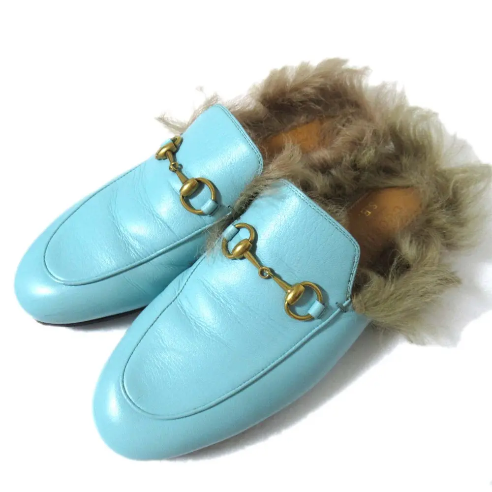 GUCCI グッチ プリンスタウン ホースビット ファーライニング ミュール サンダル サイズ37 約24cm ライトブルー