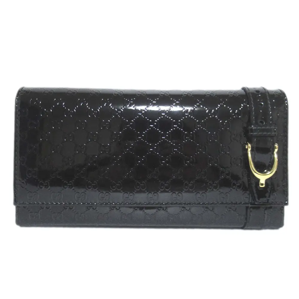 GUCCI グッチ マイクロGG パテントレザー 二つ折り ロングウォレット 長財布 ブラック×ゴールド金具