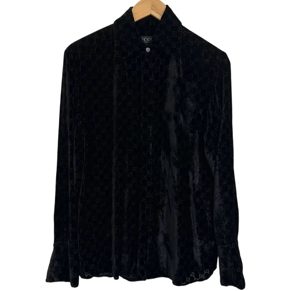 GUCCI グッチ トムフォード期 GG柄 シルクブレンド 長袖 ベロアシャツ ブラウス 38 ブラック