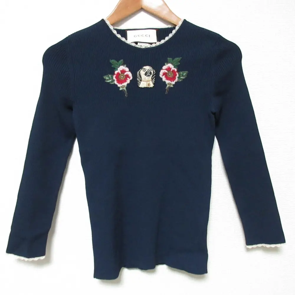 GUCCI グッチ ドッグ刺繍 リブニット Tシャツ 457420 サイズＳ ネイビー