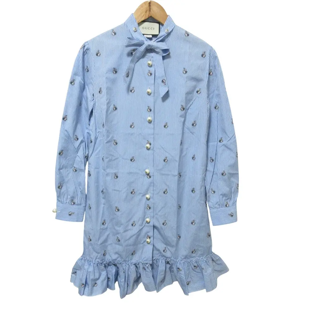 GUCCI グッチ GGパールボタン ボウタイ付き ストライプ うさぎ シャツミニドレス ワンピース 481682 36 ブルー