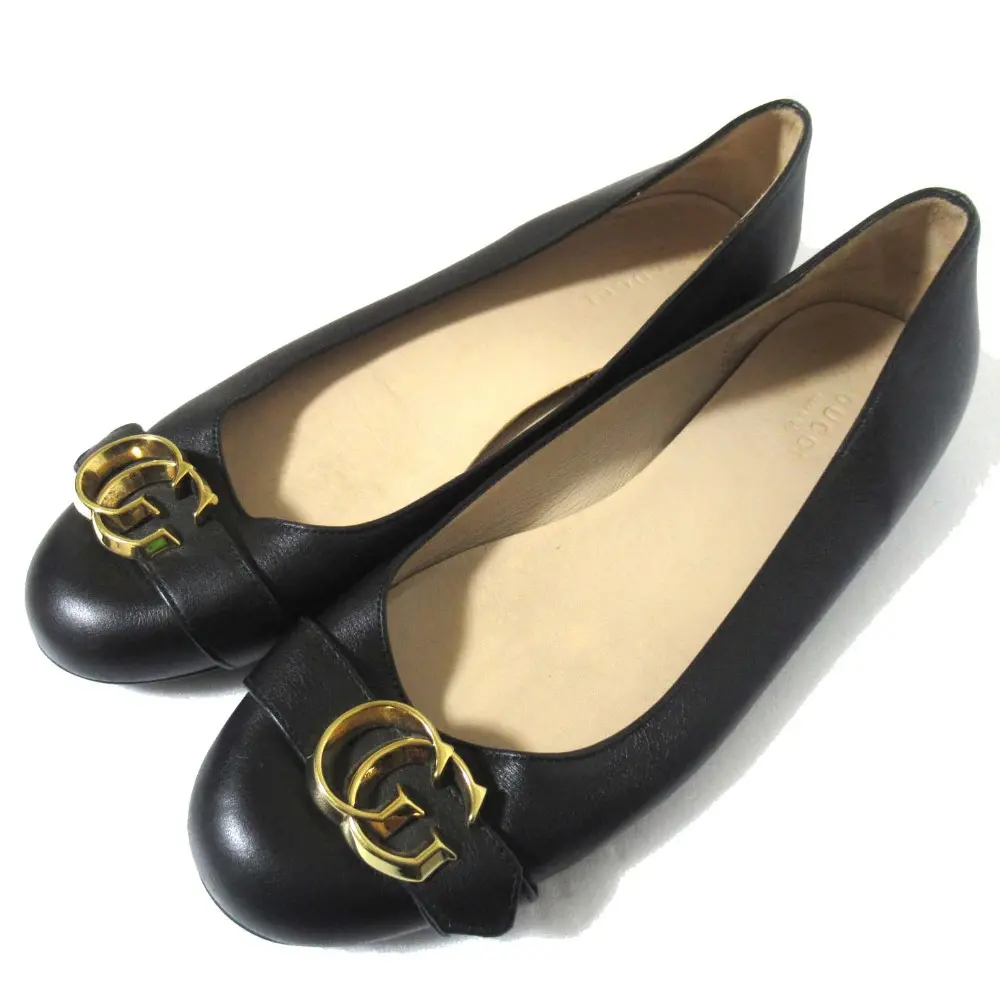 GUCCI グッチ GG金具 レザー フラットシューズ パンプス 36.5 23.5cm ブラック×ゴールド金具