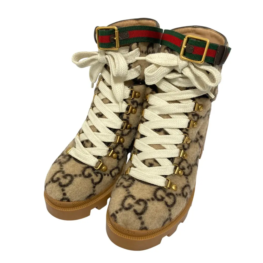 GUCCI グッチ ウェブライン ベルト付き ウール GG レースアップブーツ ショートブーツ サイズ38 25cm相当 ベージュ