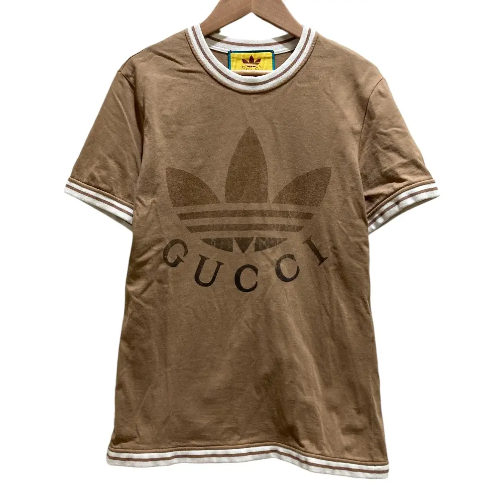 GUCCI adidas グッチ アディダス コラボ トレフォイル ロゴ プリント Tシャツ 723405 Lサイズ ブラウン