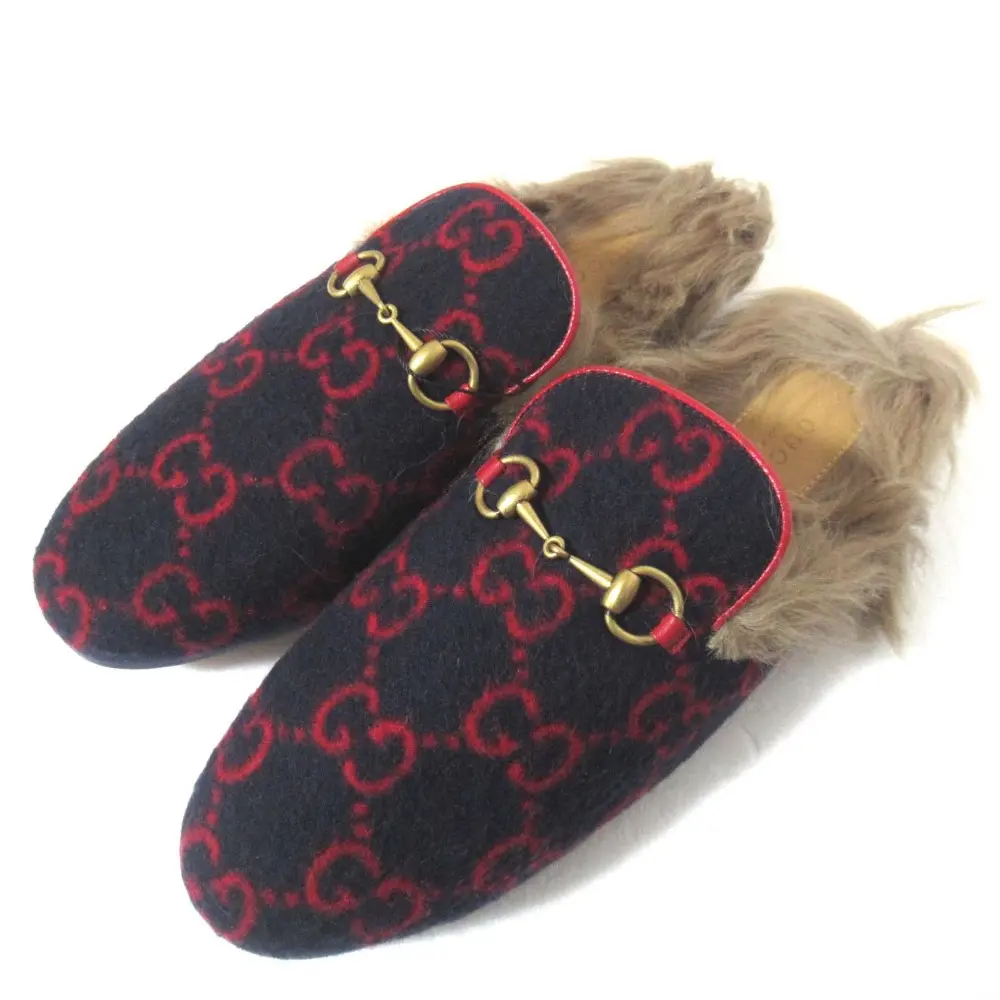 GUCCI グッチ GG柄 プリンスタウン ホースビット スリッパ スリッポンシューズ サイズ38 約25cm ネイビー×レッド