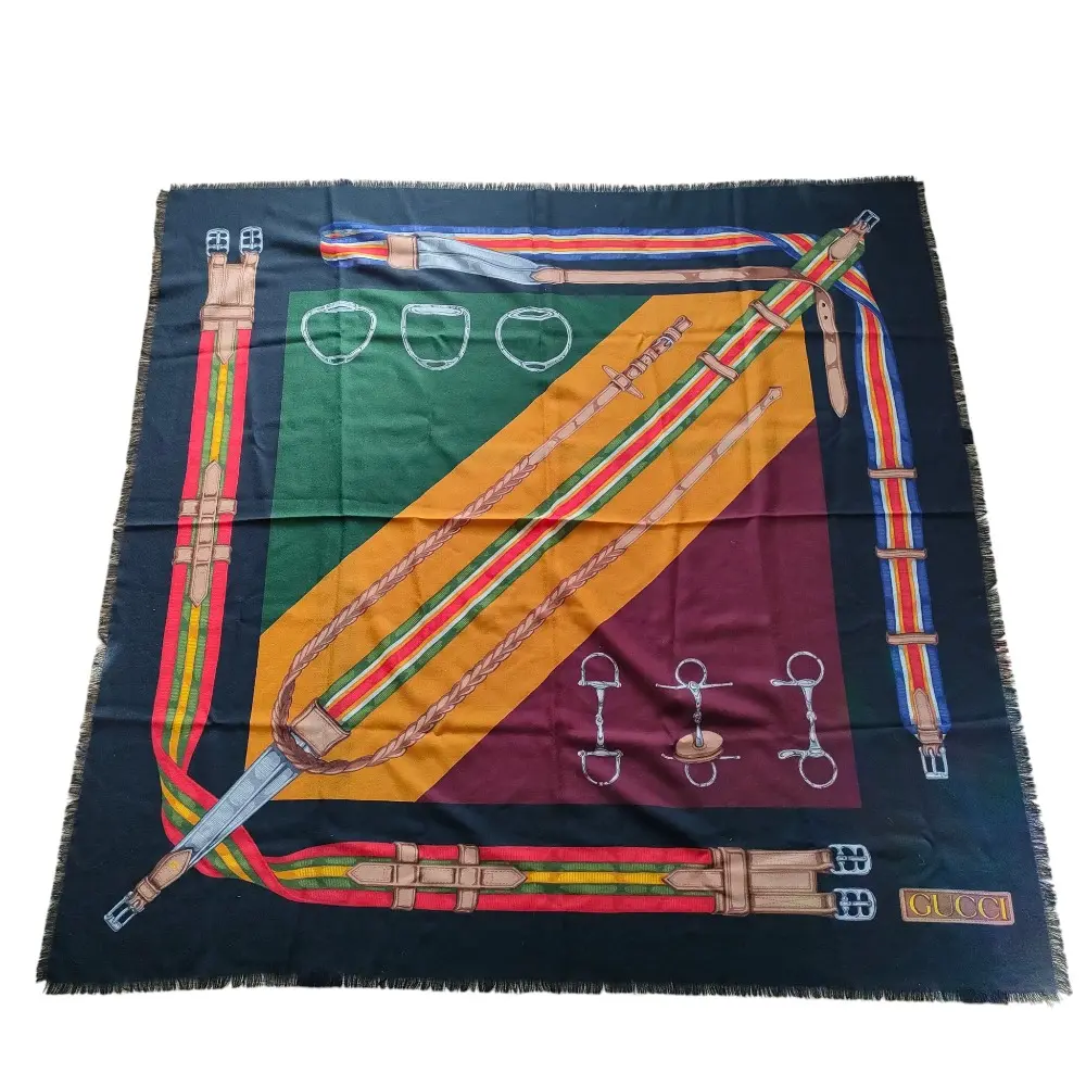 GUCCI グッチ ウール ベルト柄 大判 フリンジスカーフ マルチカラー