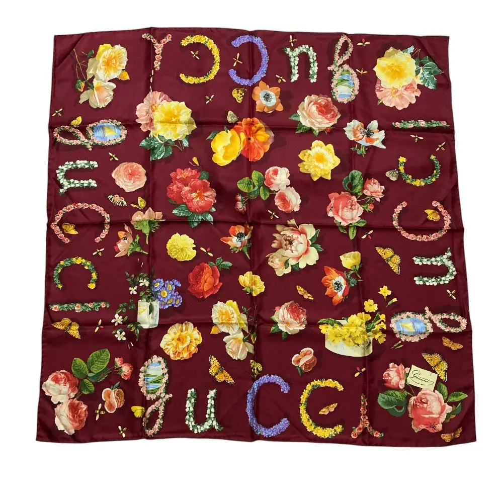 GUCCI グッチ 昆虫×ローズプリント 大判 シルクスカーフ ボルドー