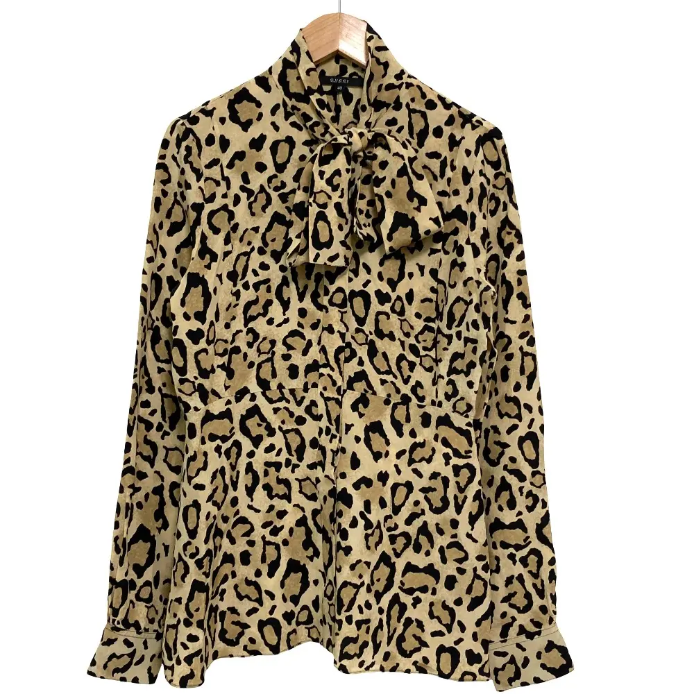 GUCCI グッチ レオパードプリント ボウタイ ロングスリーブ シルクブラウス 364809 サイズ40 ベージュ ブラック