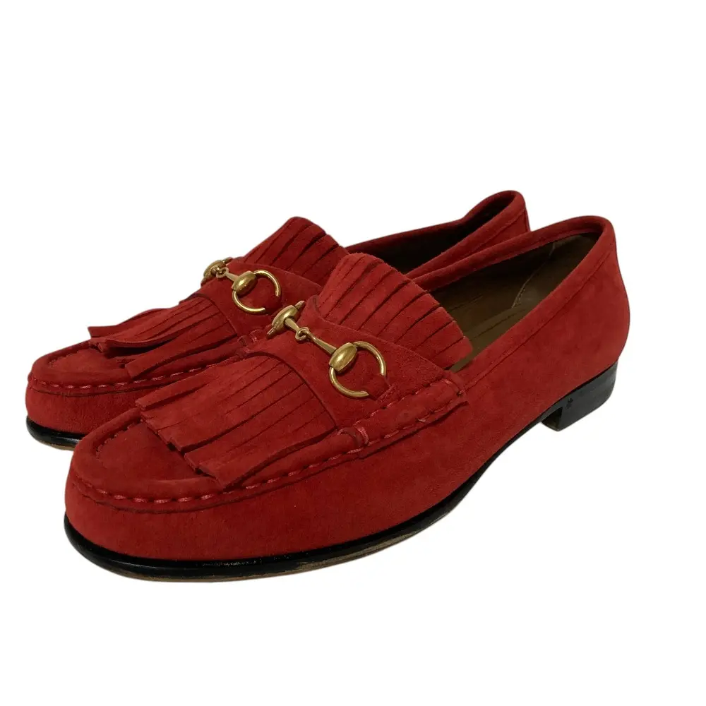 GUCCI グッチ スエードレザー フリンジ ホースビットローファー シューズ 37.5 24.5cm相当 レッド