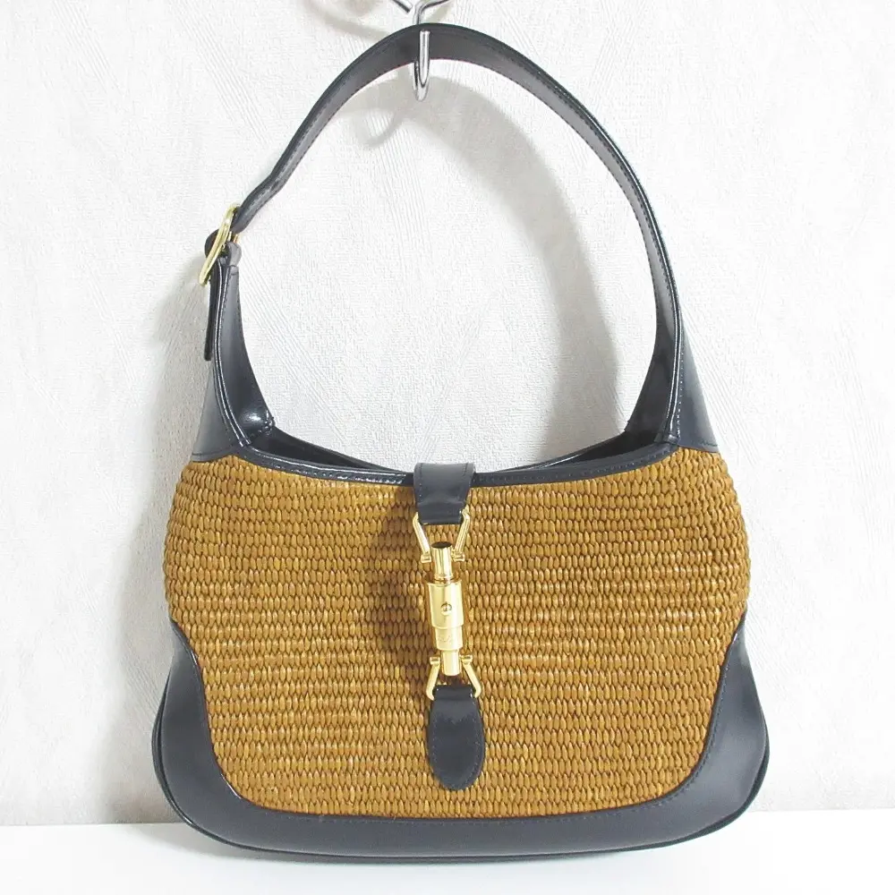 GUCCI グッチ ジャッキー 1961 レザー ラフィア コンビ ワンショルダーバッグ 636706 ブラウン ネイビー